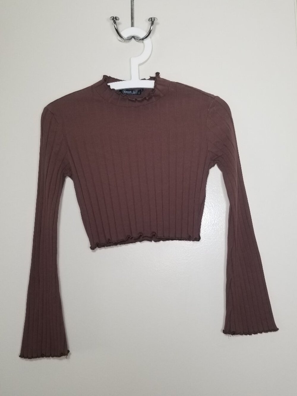 SHEIN Chocolate Brown High Neck Ribbed Crop Top Size: Small